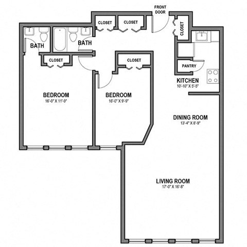 2 Bedroom 1.5 Bathroom Floor Plan at Walnut Towers at Frick Park, Pittsburgh, Pennsylvania